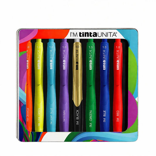 Set 9 Penne colorate più gold in metal box TINTA UNITA
